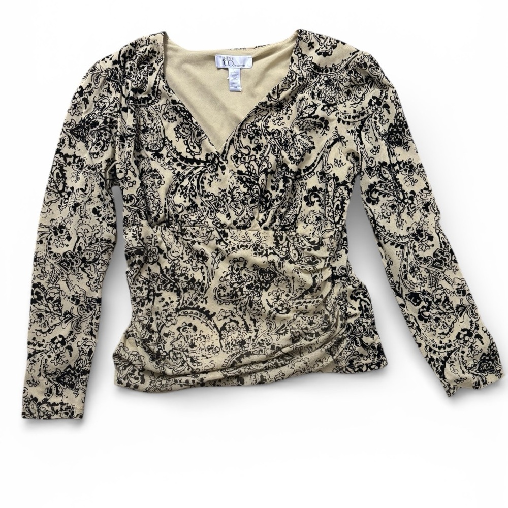 INC International Concepts Black Velvet and Cream Floral Blouse